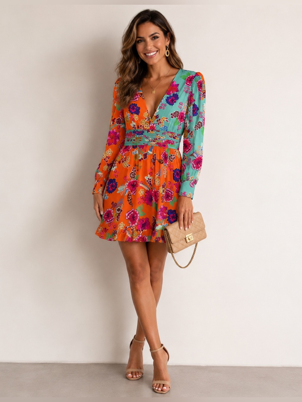 MISA HYLTON INC International Concepts Floral Mini Dress M orange Long Sleeve